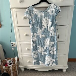 Adrianna Papell Blue and White Sheath Dress with Cap Sleeves